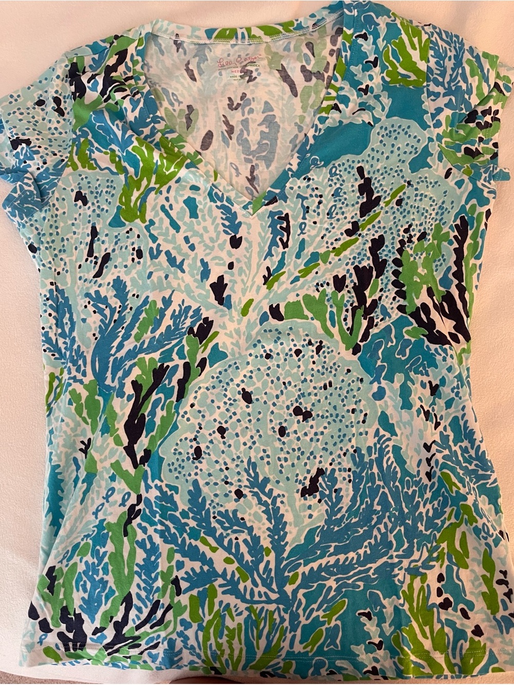 Lilly Pulitzer Blue Green V-Neck Short Sleeve Top